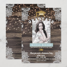 Rustic Wood Lace & Lights Graduation Party Kaart