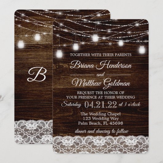 Rustic Wood Lace Lights Wedding Kaart (Voorkant / Achterkant)