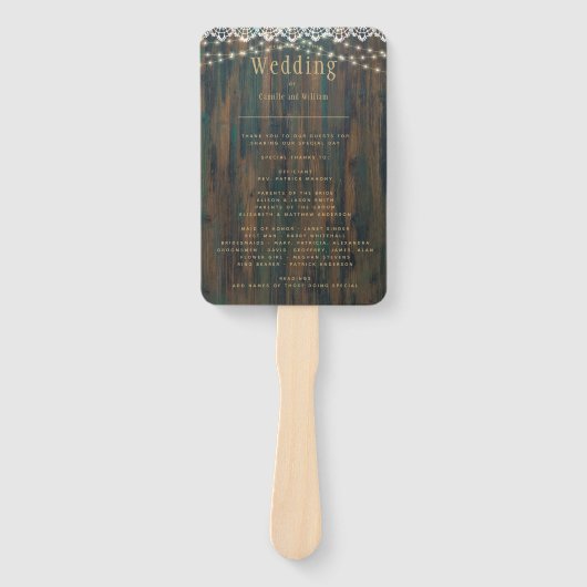 Rustic Wood Lace Lights Wedding Programme Handwaaier (Voorkant)