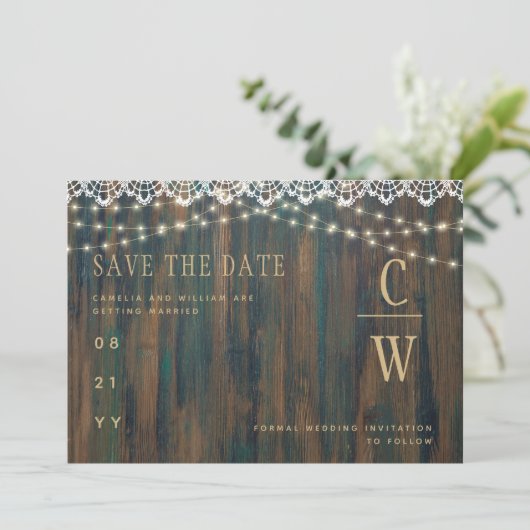 Rustic Wood Lace Lights Wedding Save The Date (Staand voorkant)