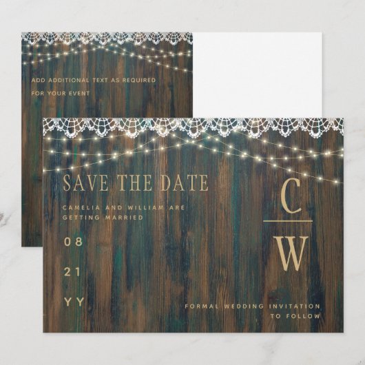 Rustic Wood Lace Lights Wedding Save The Date (Voorkant / Achterkant)