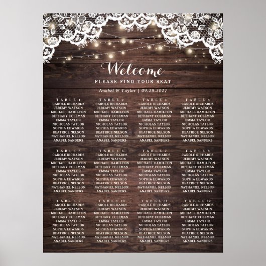 Rustic Wood Lace Lights Wedding Seating Chart Poster (Voorkant)