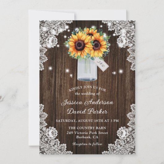 Rustic Wood Lace Mason Jar Sunflower Wedding Kaart (Voorkant)