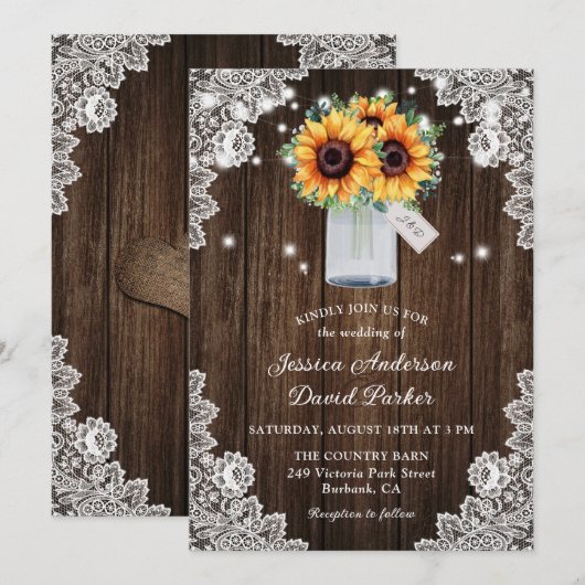 Rustic Wood Lace Mason Jar Sunflower Wedding Kaart (Voorkant / Achterkant)