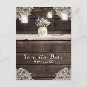 Rustic Wood, Lace & Mason Jars Barn Save the Date Aankondigingskaart