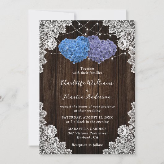 Rustic Wood Lace Paars en Blue Floral Wedding Kaart (Voorkant)