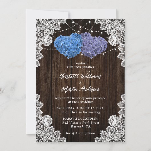 Rustic Wood Lace Purple and Blue Floral Wedding Kaart (Voorkant)