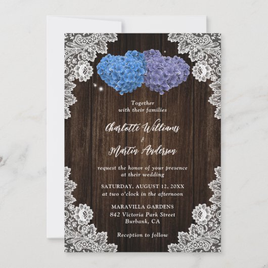 Rustic Wood Lace Purple and Blue Floral Wedding Kaart (Voorkant)