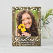 Rustic Wood Lace String Lights Afstuderen Aankondiging (Staand voorkant)