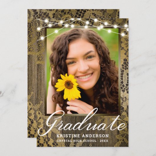 Rustic Wood Lace String Lights Afstuderen Aankondiging (Voorkant / Achterkant)