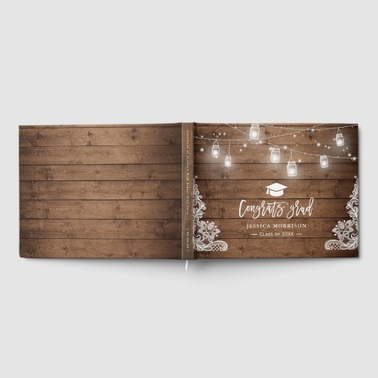 Rustic Wood Lace String Lights Afstuderen Afstuder Gastenboek (Volledig)