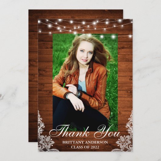 Rustic Wood Lace String Lights Afstuderen Bedankkaart (Voorkant / Achterkant)