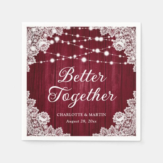 Rustic Wood Lace String Lights Burgundy Wedding Servet (Voorkant)