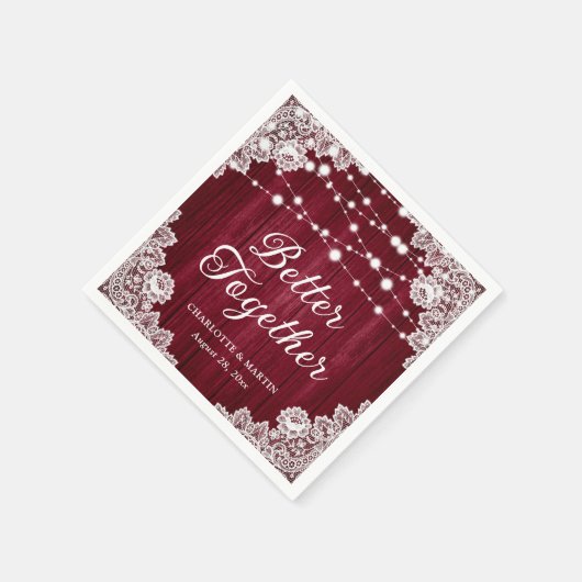 Rustic Wood Lace String Lights Burgundy Wedding Servet (Hoek)