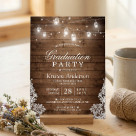 Rustic Wood Lace String Lights Graduparty Kaart