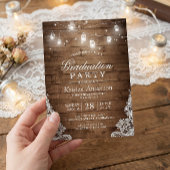 Rustic Wood Lace String Lights Graduparty Kaart
