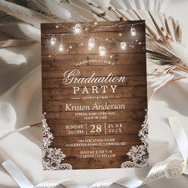 Rustic Wood Lace String Lights Graduparty Kaart