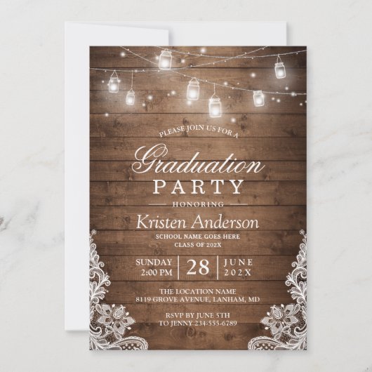 Rustic Wood Lace String Lights Graduparty Kaart (Voorkant)