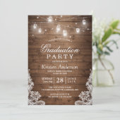 Rustic Wood Lace String Lights Graduparty Kaart (Staand voorkant)