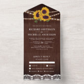 Rustic Wood Lace String Lights Sunflower Wedding All In One Uitnodiging (Binnen)