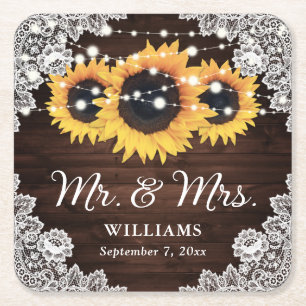 Rustic Wood Lace String Lights Sunflower Wedding Kartonnen Onderzetters
