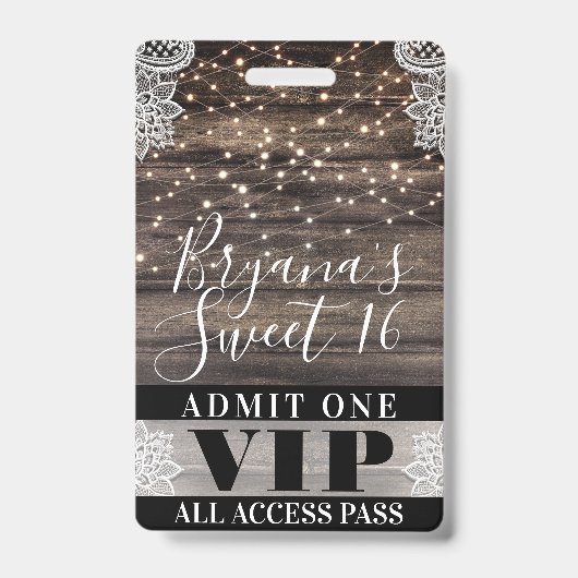 Rustic Wood & Lace String Lights Sweet 16 VIP Pass Badge (Voorkant)