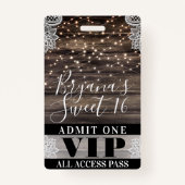 Rustic Wood & Lace String Lights Sweet 16 VIP Pass Badge (Achterkant)