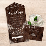 Rustic Wood Lace String Lights Wedding All In One Uitnodiging<br><div class="desc">Rustic Wood and String Lights Lace All in One Wedding Invitations met een rustic wood background met twinkelende snaren van lichten en stijlplaats in de onderste hoeken. Het woord bruiloft wordt in elegante maar rustige typografie afgevuurd, waardoor dit het perfecte ontwerp is voor je boho of landbruiloft. Neem contact met...</div>