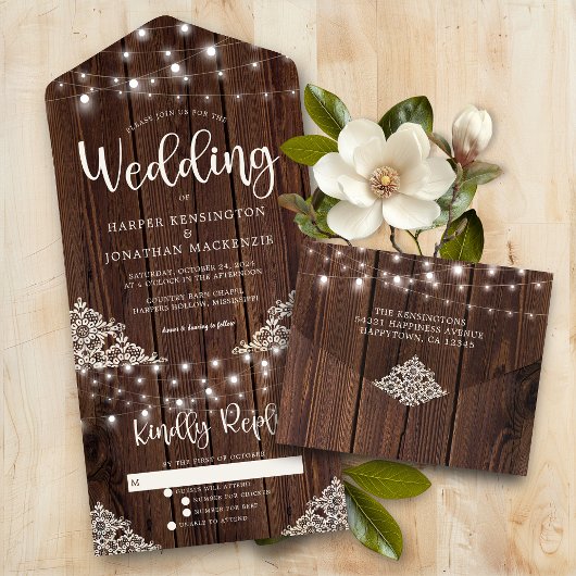 Rustic Wood Lace String Lights Wedding All In One Uitnodiging
