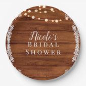 Rustic Wood Lace & String Lights Wedding Bridal Papieren Bordje (Voorkant)