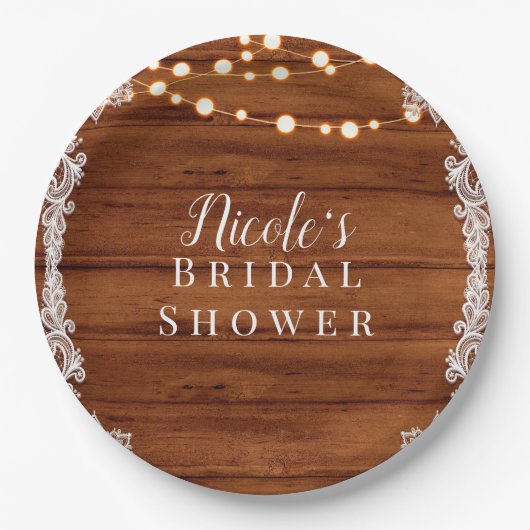 Rustic Wood Lace & String Lights Wedding Bridal Papieren Bordje (Voorkant)