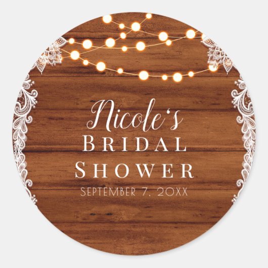 Rustic Wood Lace & String Lights Wedding Bridal Ronde Sticker (Voorkant)
