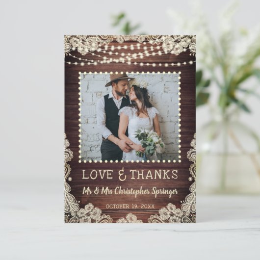 Rustic Wood Lace String Lights Wedding Dank u Bedankkaart (Staand voorkant)