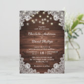 Rustic Wood Lace String Lights Wedding Kaart (Staand voorkant)