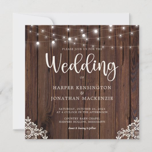 Rustic Wood Lace String Lights Wedding Kaart (Voorkant)