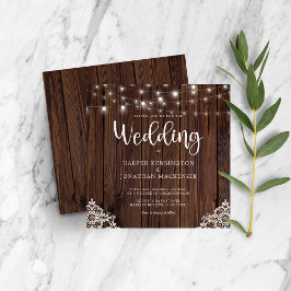Rustic Wood Lace String Lights Wedding Kaart