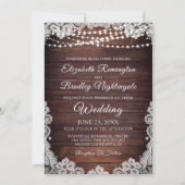 Rustic Wood Lace String Lights Wedding Kaart (Voorkant)