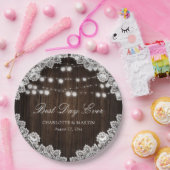 Rustic Wood Lace String Lights Wedding Papieren Bordje (Feest)