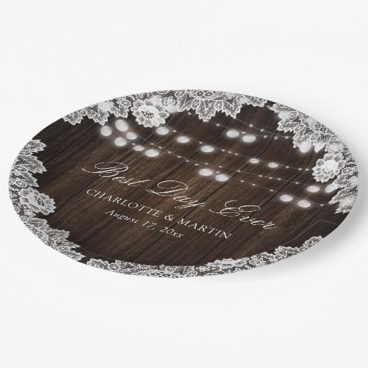 Rustic Wood Lace String Lights Wedding Papieren Bordje (Gekanteld)