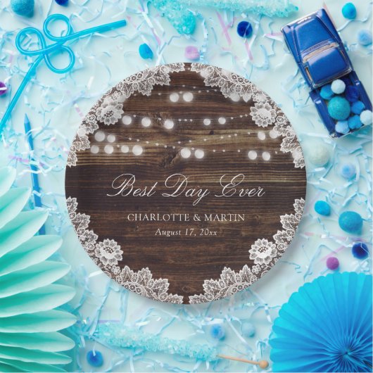 Rustic Wood Lace String Lights Wedding Papieren Bordje (Feest)