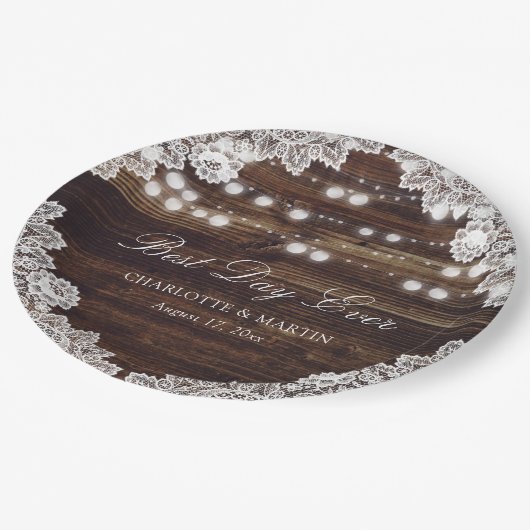 Rustic Wood Lace String Lights Wedding Papieren Bordje (Gekanteld)