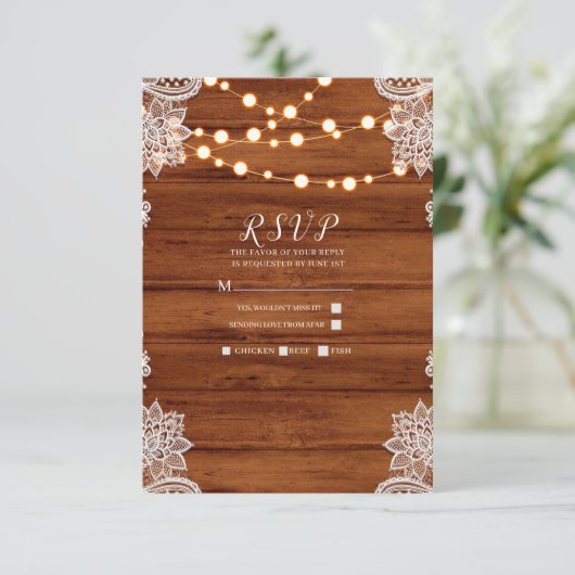 Rustic Wood Lace & String Lights Wedding RSVP (Staand voorkant)
