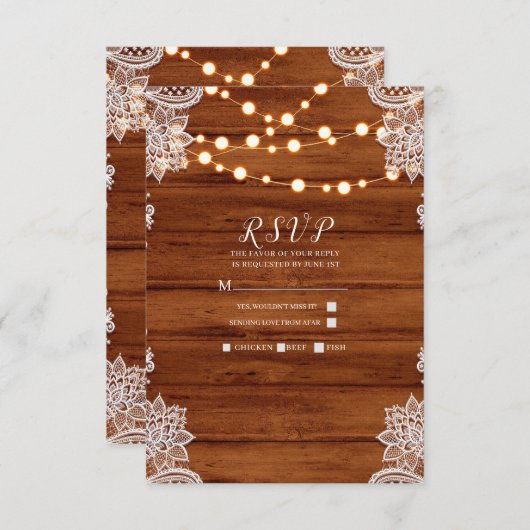 Rustic Wood Lace & String Lights Wedding RSVP (Voorkant / Achterkant)