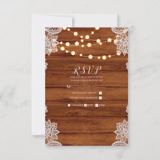 Rustic Wood Lace & String Lights Wedding RSVP Kaartje (Voorkant)