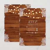Rustic Wood Lace & String Lights Wedding RSVP Kaartje (Voorkant / Achterkant)