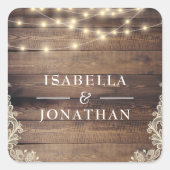 Rustic Wood, Lace & String Lights Wedding Vierkante Sticker (Voorkant)
