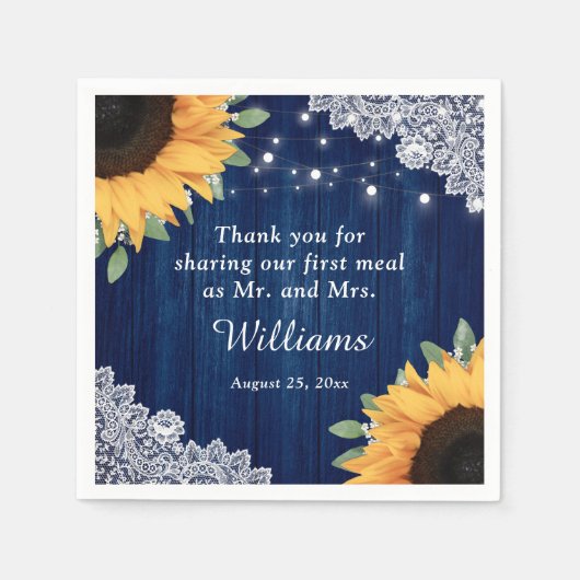 Rustic Wood Lace Sunflower Navy Blue Wedding Servet (Voorkant)