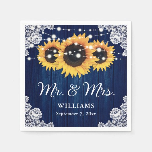 Rustic Wood Lace Sunflower Navy Blue Wedding Servet (Voorkant)