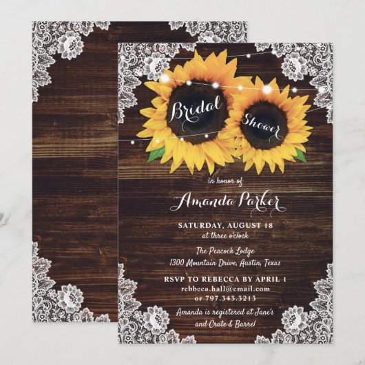Rustic Wood Lace Sunflower Vrijgezellenfeest Kaart (Voorkant / Achterkant)