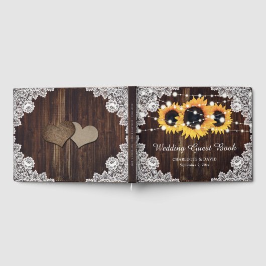 Rustic Wood Lace Sunflower Wedding Gastenboek (Volledig)